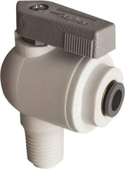 Parker - 1/2" Pipe, Full Port, Polypropylene Valve Male Elbow Ball Valve - Bi-Directional, MNPT x Push-to-Connect Ends, Wedge Handle, 150 WOG - Caliber Tooling