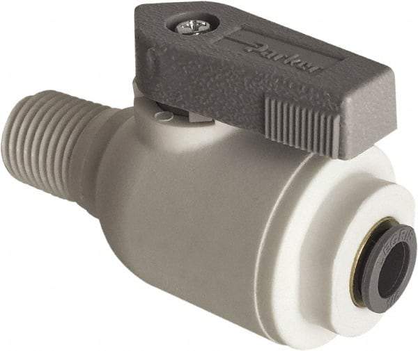 Parker - 1/8" Pipe, Full Port, Polypropylene Valve Male Connector Ball Valve - Bi-Directional, MNPT x Push-to-Connect Ends, Wedge Handle, 150 WOG - Caliber Tooling