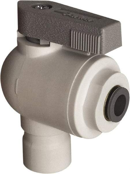 Parker - 3/8 x 1/4" Pipe, Full Port, Polypropylene Valve Elbow Union Ball Valve - Bi-Directional, Push-to-Connect x Push-to-Connect Ends, Wedge Handle, 150 WOG - Caliber Tooling