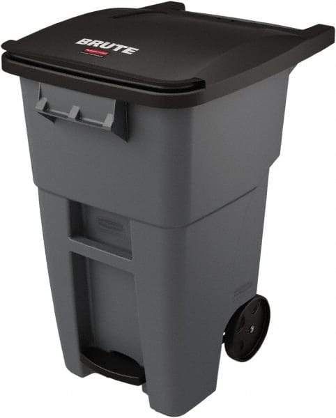 Rubbermaid - 50 Gal Gray Rectangle Trash Can - Plastic, None Graphic, 39.58" High x 24" Wide, Lid Included - Caliber Tooling