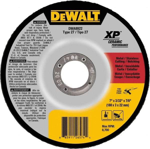 DeWALT - 24 Grit, 7" Wheel Diam, 7/8" Arbor Hole, Type 27 Depressed Center Wheel - Coarse/Medium Grade, Ceramic, N Hardness, 8,700 Max RPM - Caliber Tooling