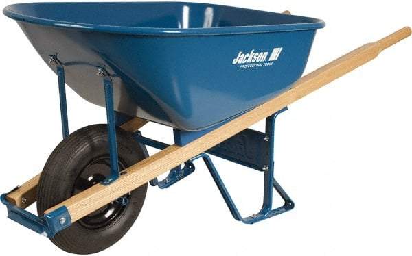 Jackson Professional Tools - 6 Cu Ft Capacity Wheelbarrow with 16" Pneumatic Wheel - Wood Handle, 58-3/4" Long x 25-1/2" Wide x 27" High, Blue - Caliber Tooling