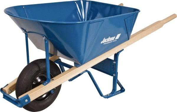 Jackson Professional Tools - 6 Cu Ft Capacity Wheelbarrow with 16" Pneumatic Wheel - Wood Handle, 58-1/2" Long x 26-3/4" Wide x 27" High, Blue - Caliber Tooling