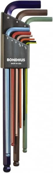 Bondhus - 9 Piece L-Key Ball End Hex Key Set - Hex Range 1.5 to 10mm, 8.4" OAL - Caliber Tooling