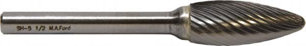 M.A. Ford - 5/16" Cut Diam, 1/4" Shank Diam, Flame Head Double Cut Burr - Carbide, Radius End, 3/4" LOC, 6-3/4" OAL - Caliber Tooling