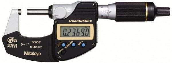 Mitutoyo - 0.001 mm Resolution, Standard Throat, Electronic Outside Micrometer - Includes Stand - Caliber Tooling