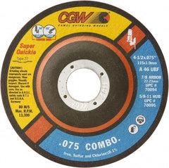 Camel Grinding Wheels - 46 Grit, 5" Wheel Diam, 5/64" Wheel Thickness, 7/8" Arbor Hole, Type 27 Depressed Center Wheel - Medium Grade, Aluminum Oxide, Resinoid Bond, U Hardness, 12,250 Max RPM - Caliber Tooling