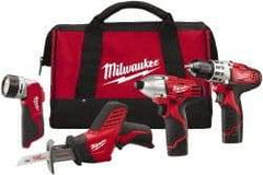 Milwaukee Tool - 12 Volt Cordless Tool Combination Kit - Includes 3/8" Drill/Driver, Reciprocating Saw, 1/4" Hex Impact Driver & Work Light, Lithium-Ion Battery Not Included - Caliber Tooling