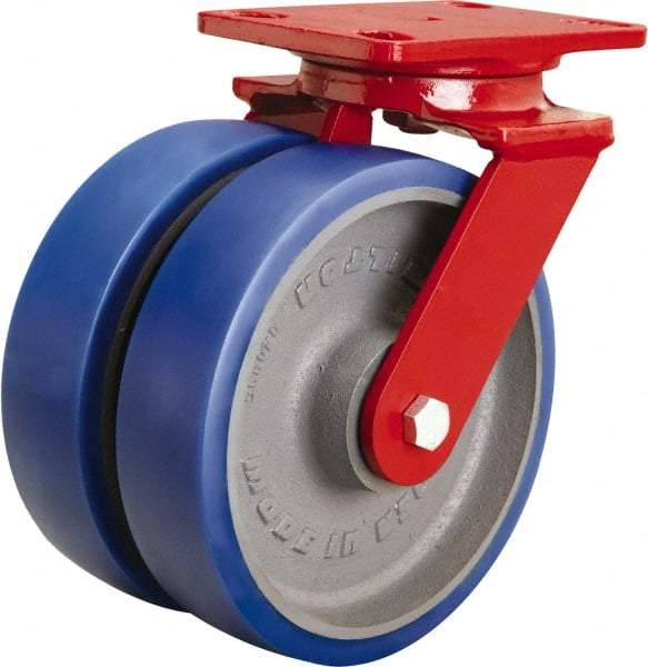 Hamilton - 8" Diam x 2" Wide x 9-3/4" OAH Top Plate Mount Swivel Caster - Polyurethane Mold onto Cast Iron Center, 2,400 Lb Capacity, Tapered Roller Bearing, 4-1/2 x 6-1/2" Plate - Caliber Tooling