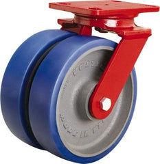 Hamilton - 8" Diam x 2" Wide x 9-3/4" OAH Top Plate Mount Swivel Caster - Polyurethane Mold onto Cast Iron Center, 2,400 Lb Capacity, Tapered Roller Bearing, 4-1/2 x 6-1/2" Plate - Caliber Tooling