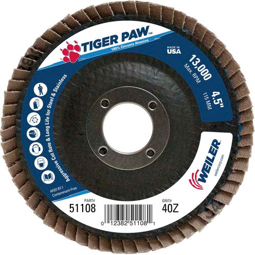 4 1/2″ × 7/8″-40 Grit - T27 Tiger Paw Zirc Flap Disc Phenolic Back - Caliber Tooling