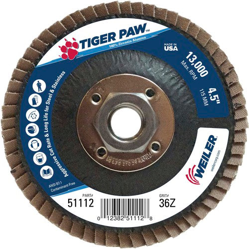 4 1/2″ × 5/8″-11-36 Grit - T27 Tiger Paw Zirc Flap Disc Phenolic Back - Caliber Tooling