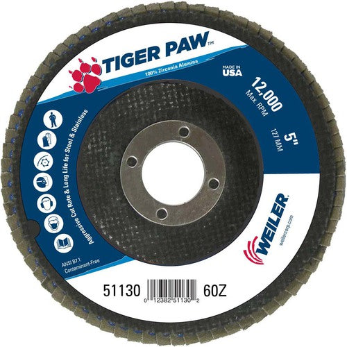 5″ Tiger Paw Abrasive Flap Disc, Flat, Phenolic Backing, 60Z, 7/8″ Arbor Hole - Caliber Tooling