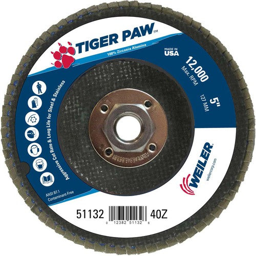 5″ Tiger Paw Abrasive Flap Disc, Flat, Phenolic Backing, 40Z, 5/8″-11 Arbor Hole - Caliber Tooling