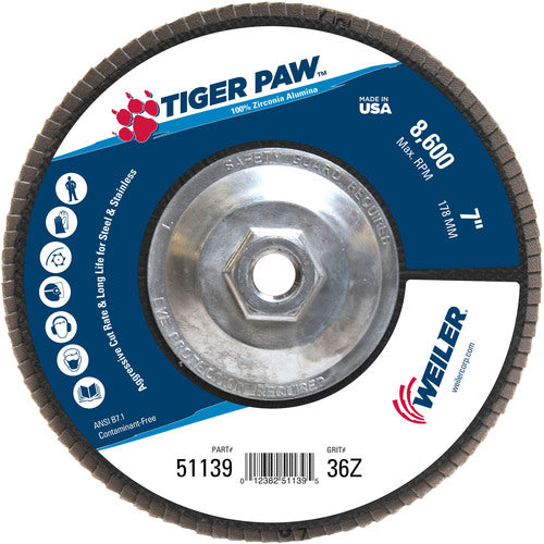 7″ Tiger Paw Abrasive Flap Disc, Flat, Phenolic Backing, 36Z, 5/8″-11 Arbor Hole - Caliber Tooling