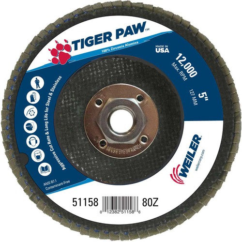 5″ Tiger Paw Abrasive Flap Disc, Angled, Phenolic Backing, 80Z, 5/8″-11 Arbor Hole - Caliber Tooling