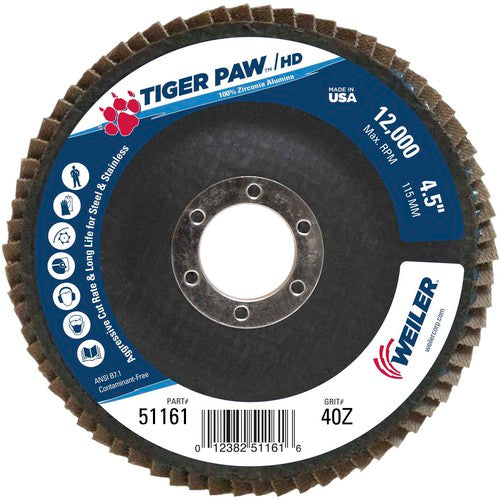 4 1/2″ × 7/8″-40 Grit - T27 Tiger Paw High Density Zirc Flap Disc Phenolic Back - Caliber Tooling