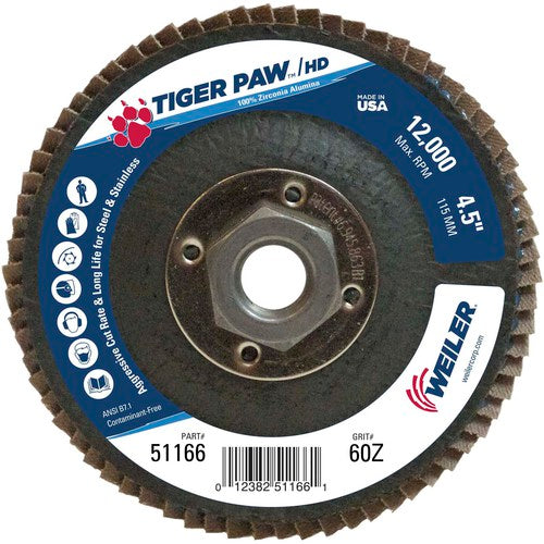 4 1/2″ × 5/8″-11-60 Grit - T27 Tiger Paw High Density Zirc Flap Disc Phenolic Back - Caliber Tooling