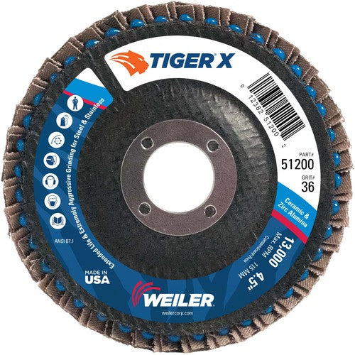 4 1/2″ Diameter - Tiger X Flap Disc, Angled, Phenolic Backing, 36Z, 7/8″ Diameter - Arbor Hole - Caliber Tooling