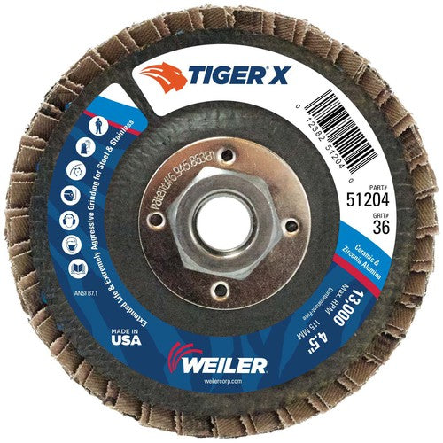 4 1/2″ Diameter - Tiger X Flap Disc, Angled, Phenolic Backing, 36Z, 5/8″ Diameter - 11 UNC Nut - Caliber Tooling