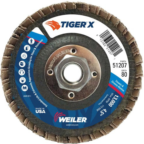 4 1/2″ Diameter - Tiger X Flap Disc, Angled, Phenolic Backing, 80Z, 5/8″ Diameter - 11 UNC Nut - Caliber Tooling