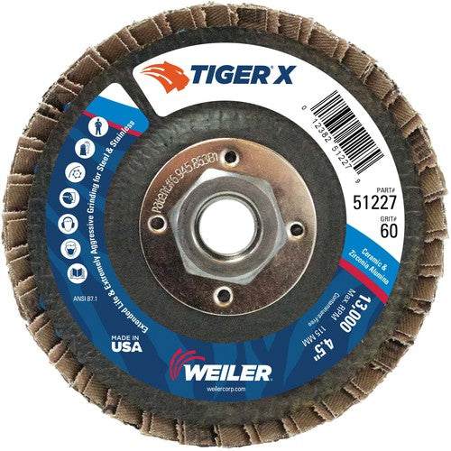 4 1/2″ Diameter - Tiger X Flap Disc, Flat, Phenolic Backing, 60Z, 5/8″-11 Diameter - Arbor Hole - Caliber Tooling