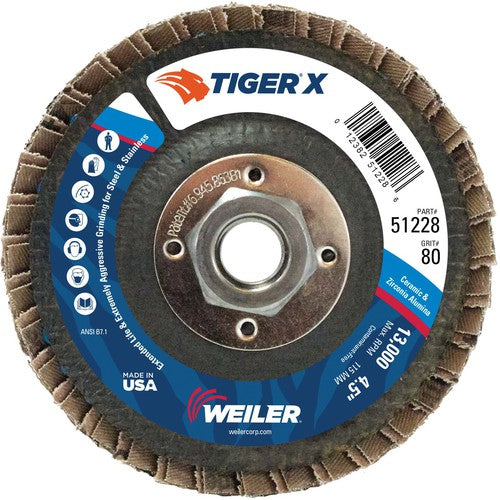 4 1/2″ Diameter - Tiger X Flap Disc, Flat, Phenolic Backing, 80Z, 5/8″-11 Diameter - Arbor Hole - Caliber Tooling