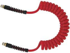 PRO-SOURCE - 5/16" ID, 1/4 Thread, 10' Long, Red Polyurethane Coiled & Self Storing Hose - 185 Max psi, Male Swivel x Male Swivel - Caliber Tooling