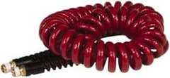 PRO-SOURCE - 1/4" ID, 1/4 Thread, 15' Long, Red Polyurethane Coiled & Self Storing Hose - 220 Max psi, Male Swivel x Male Swivel - Caliber Tooling