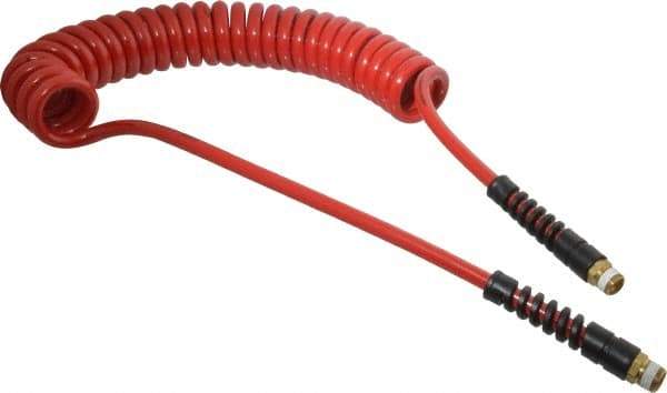 PRO-SOURCE - 5/16" ID, 3/8 Thread, 15' Long, Red Polyurethane Coiled & Self Storing Hose - 185 Max psi, Male Swivel x Male Swivel - Caliber Tooling