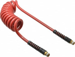 PRO-SOURCE - 3/8" ID, 3/8 Thread, 10' Long, Red Polyurethane Coiled & Self Storing Hose - 200 Max psi, Male Swivel x Male Swivel - Caliber Tooling