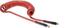 PRO-SOURCE - 3/8" ID, 3/8 Thread, 15' Long, Red Polyurethane Coiled & Self Storing Hose - 200 Max psi, Male Swivel x Male Swivel - Caliber Tooling