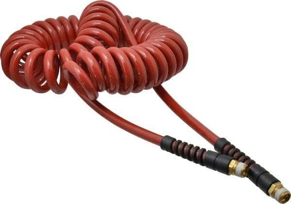 PRO-SOURCE - 3/8" ID, 3/8 Thread, 25' Long, Red Polyurethane Coiled & Self Storing Hose - 200 Max psi, Male Swivel x Male Swivel - Caliber Tooling