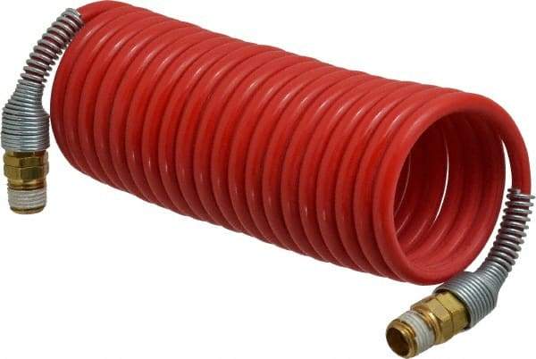 PRO-SOURCE - 3/16" ID, 1/4 Thread, 12' Long, Red Nylon Coiled & Self Storing Hose - 287 Max psi, Male Swivel x Male Swivel - Caliber Tooling