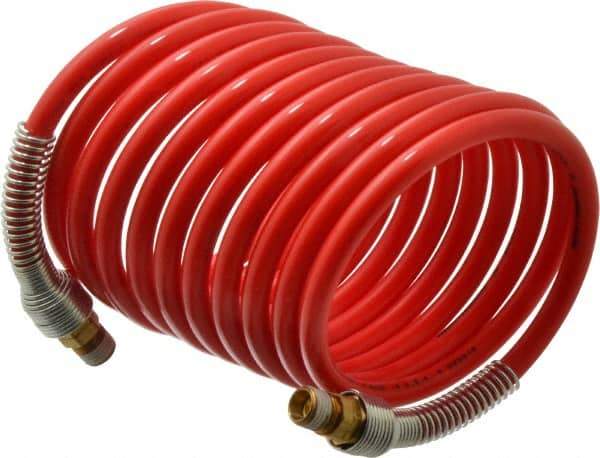 PRO-SOURCE - 5/16" ID, 1/4 Thread, 12' Long, Red Nylon Coiled & Self Storing Hose - 213 Max psi, Male Swivel x Male Swivel - Caliber Tooling