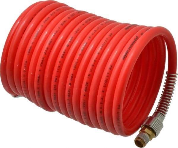 PRO-SOURCE - 5/16" ID, 1/4 Thread, 17' Long, Red Nylon Coiled & Self Storing Hose - 213 Max psi, Male Swivel x Male Swivel - Caliber Tooling