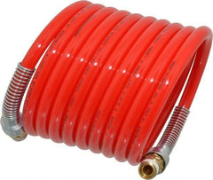 PRO-SOURCE - 3/8" ID, 3/8 Thread, 12' Long, Red Nylon Coiled & Self Storing Hose - 225 Max psi, Male Swivel x Male Swivel - Caliber Tooling