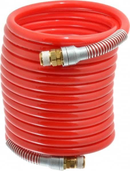 PRO-SOURCE - 3/8" ID, 3/8 Thread, 17' Long, Red Nylon Coiled & Self Storing Hose - 225 Max psi, Male Swivel x Male Swivel - Caliber Tooling