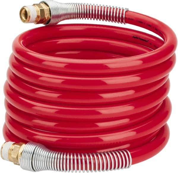 PRO-SOURCE - 1/2" ID, 1/2 Thread, 12' Long, Red Nylon Coiled & Self Storing Hose - 220 Max psi, Male Swivel x Male Swivel - Caliber Tooling