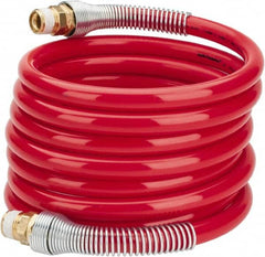 PRO-SOURCE - 1/2" ID, 1/2 Thread, 12' Long, Red Nylon Coiled & Self Storing Hose - 220 Max psi, Male Swivel x Male Swivel - Caliber Tooling