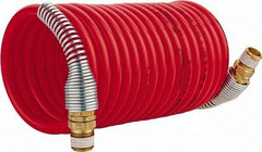 PRO-SOURCE - 1/4" ID, 1/4 Thread, 12' Long, Red Nylon Coiled & Self Storing Hose - 240 Max psi, Male Swivel x Male Swivel - Caliber Tooling