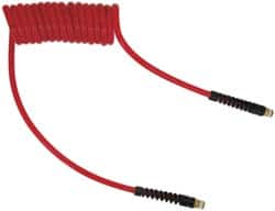 PRO-SOURCE - 3/8" ID, 3/8 Thread, 20' Long, Red Polyurethane Coiled & Self Storing Hose - 133 Max psi, Male Swivel x Male Swivel - Caliber Tooling