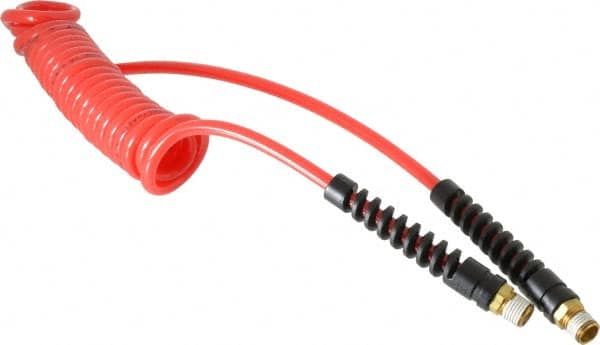 PRO-SOURCE - 3/16" ID, 1/4 Thread, 10' Long, Red Polyurethane Coiled & Self Storing Hose - 147 Max psi, Male Swivel x Male Swivel - Caliber Tooling