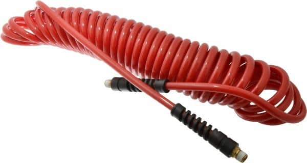 PRO-SOURCE - 5/16" ID, 1/4 Thread, 25' Long, Red Polyurethane Coiled & Self Storing Hose - 120 Max psi, Male Swivel x Male Swivel - Caliber Tooling