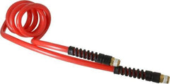 PRO-SOURCE - 3/8" ID, 3/8 Thread, 5' Long, Red Polyurethane Coiled & Self Storing Hose - 133 Max psi, Male Swivel x Male Swivel - Caliber Tooling