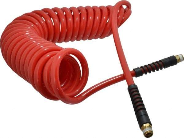 PRO-SOURCE - 3/8" ID, 3/8 Thread, 25' Long, Red Polyurethane Coiled & Self Storing Hose - 133 Max psi, Male Swivel x Male Swivel - Caliber Tooling