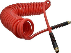 PRO-SOURCE - 3/8" ID, 3/8 Thread, 25' Long, Red Polyurethane Coiled & Self Storing Hose - 133 Max psi, Male Swivel x Male Swivel - Caliber Tooling