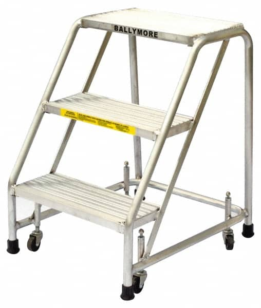 Ballymore - 28-1/2" 3 Step Ladder - Rolling Safety Ladder, 300 Lb Capacity, 28-1/2" Platform Height, 20" Base Width x 25" Base Depth, Solid Ribbed Tread - Caliber Tooling