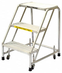 Ballymore - 28-1/2" 3 Step Ladder - Rolling Safety Ladder, 300 Lb Capacity, 28-1/2" Platform Height, 20" Base Width x 25" Base Depth, Heavy-Duty Serrated Grating - Caliber Tooling