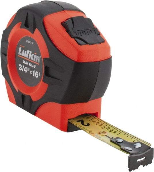 Lufkin - 16' x 3/4" Yellow Blade Tape Measure - 1/16" Graduation, Inch Graduation Style, Orange/Black Case - Caliber Tooling